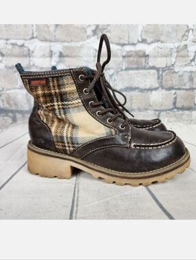 Rocket Dog Chunky Ankle Boot Lace Up Vegan Leather Plaid Fabric Size 6 1/2 Brown